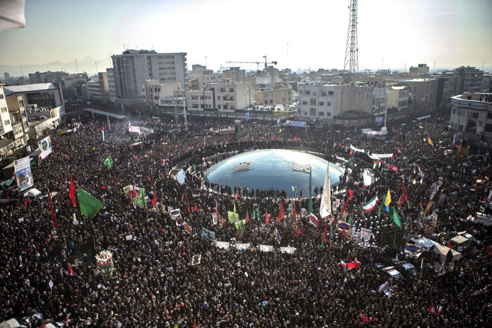 TEHRAN, Jan. 7, 2020 -- People attend the funeral ceremony of Iranian general Qassem Soleimani in Tehran, Iran, Jan. 6, 2020. Hundreds of thousands of Iranians in Tehran on Monday mourned the assassination of Qassem Soleimani. (Photo by Ahmad Halabisaz/Xinhua via Getty) (Xinhua/Ahmad Halabisaz via Getty Images)