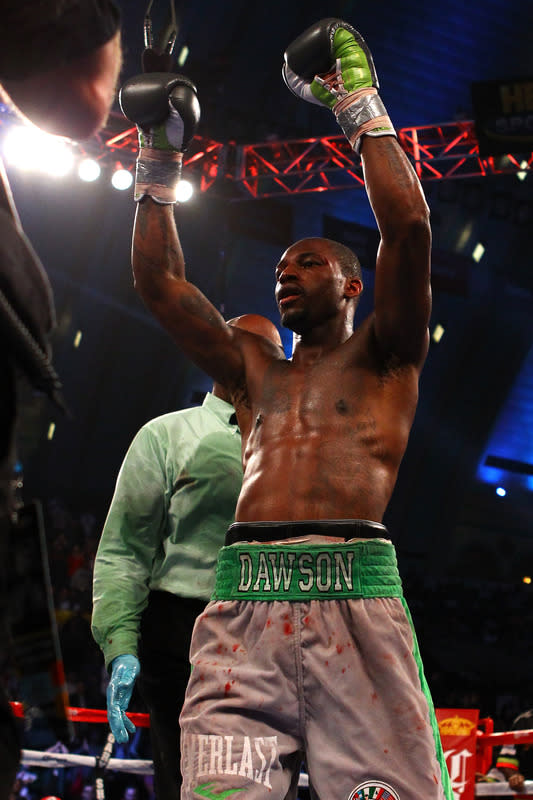 ATLANTIC CITY, NJ - APRIL 28: Chad Dawson reacts at the end of the 12th round against Bernard Hopkins during their WBC & Ring Magazine Light Heavyweight Title fight at Boardwalk Hall Arena on April 28, 2012 in Atlantic City, New Jersey. Dawson was declared the winner by decision. (Photo by Al Bello/Getty Images)