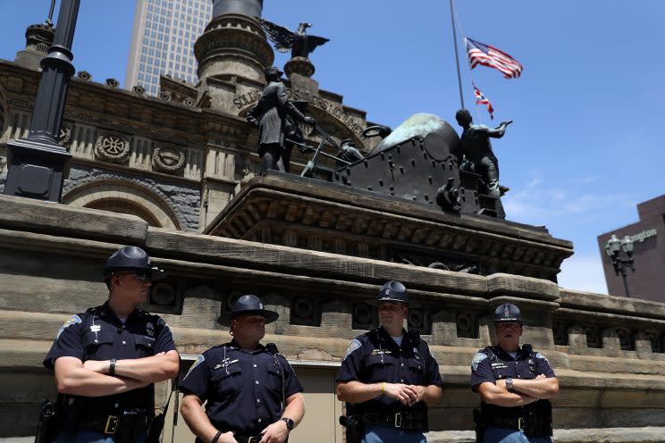 Indiana State Police officers stand guard in Cleveland Public Square near the site of the Republican National Convention on July 18, 2016 in Cleveland, Ohio.