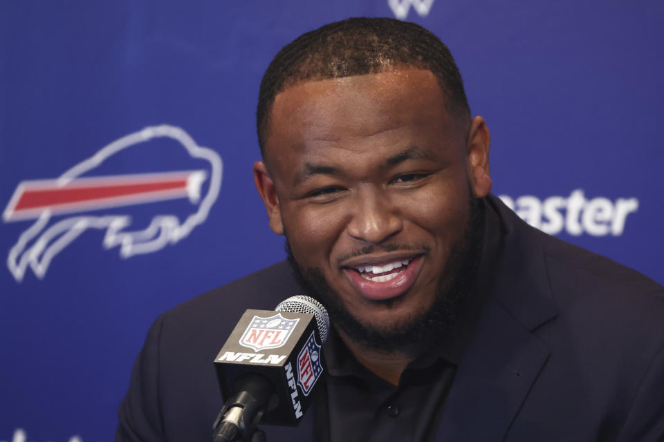 Buffalo Bills third-round draft pick DeWayne Carter addresses the media during an NFL football news conference in Orchard Park, N.Y., Saturday, April 27, 2024. (AP Photo/Jeffrey T. Barnes)