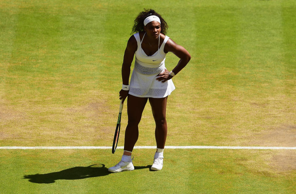 LONDON, ENGLAND - JULY 11:  Serena Williams of the United States reacts in the Final Of The Ladies' Singles against Garbine Muguruza of Spain during day twelve of the Wimbledon Lawn Tennis Championships at the All England Lawn Tennis and Croquet Club on July 11, 2015 in London, England.  (Photo by Shaun Botterill/Getty Images)