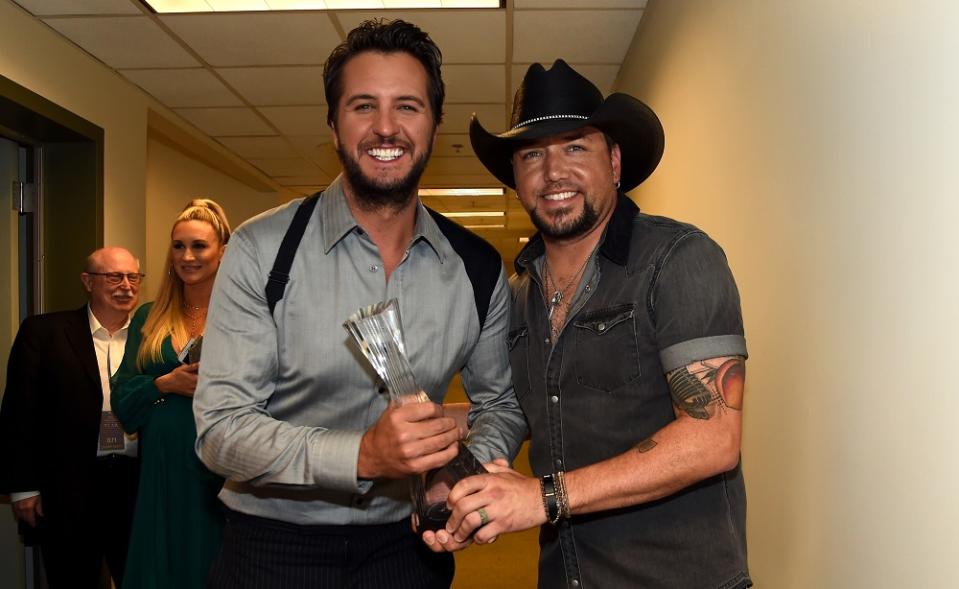 NASHVILLE, TN - OCTOBER 18: (L-R) Honorees Luke Bryan and Jason Aldean backstage at the 2017 CMT Artists Of The Year on October 18, 2017 in Nashville, Tennessee. (Photo by Rick Diamond/Getty Images for CMT)