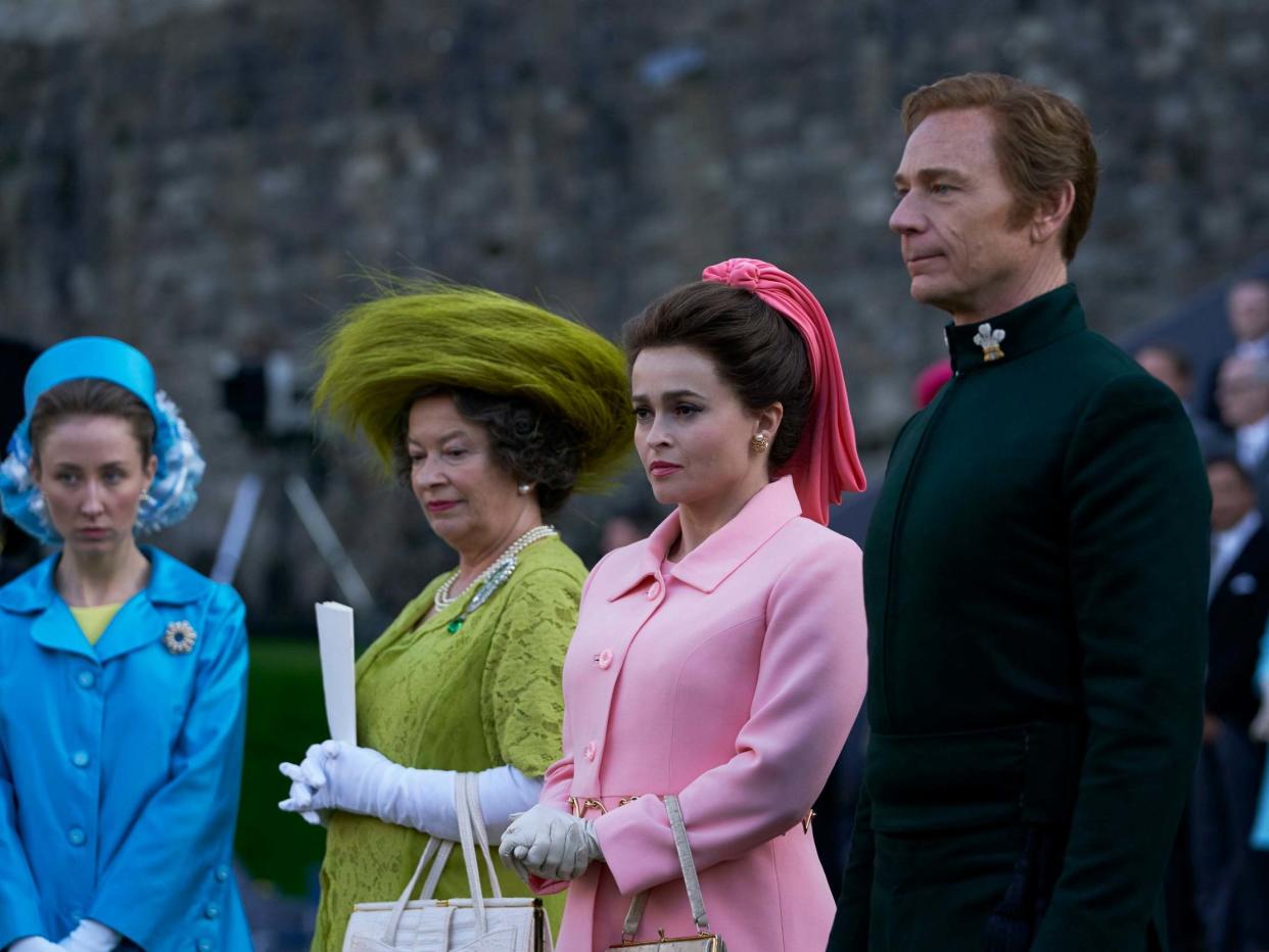 Erin Doherty as the Princess Royal, Marion Bailey as Queen Elizabeth the Queen Mother, Helena Bonham Carter as Princess Margaret and Ben Daniels as Lord Snowdon in The Crown: Des Willie/Netflix/PA Wire