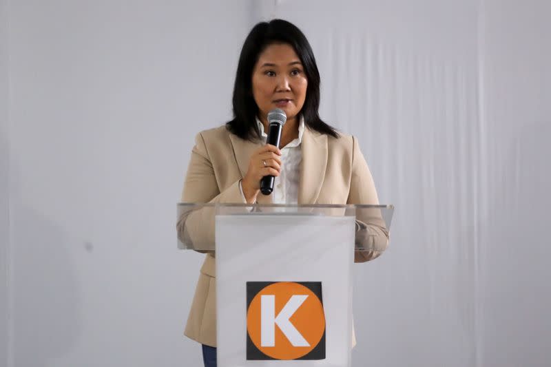 Peru's conservative Keiko Fujimori addresses the media after the electoral jury rejected her appeals to flip election results, in Lima