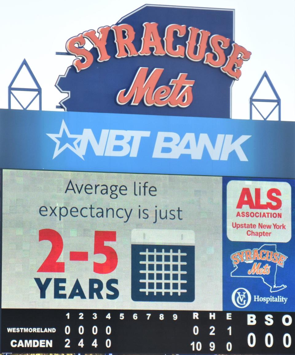 Facts about ALS were displayed on the NBT Bank Stadium scoreboard between innings of Strike Out Lou Gehrig's Disease baseball games played there.