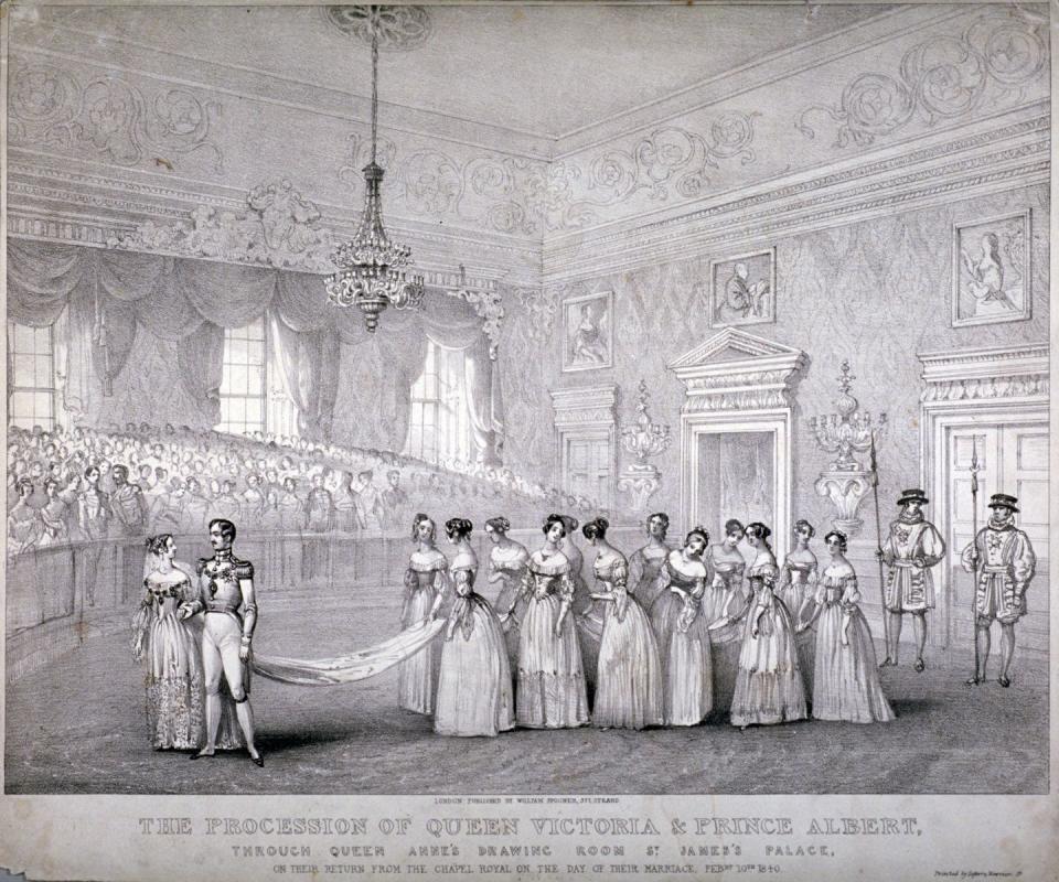 <p>When Queen Victoria wore a white dress for her wedding to Prince Albert, she not only popularized the white wedding dress tradition that still exists today, but an all-white wedding party became customary. In fact, the Queen <a href="https://royalcentral.co.uk/features/queen-victorias-bridesmaids-126625/" rel="nofollow noopener" target="_blank" data-ylk="slk:designed all twelve bridesmaids dresses herself;elm:context_link;itc:0;sec:content-canvas" class="link ">designed all twelve bridesmaids dresses herself</a>, opting for simple white silk designs with tulle skirts and white roses.</p>