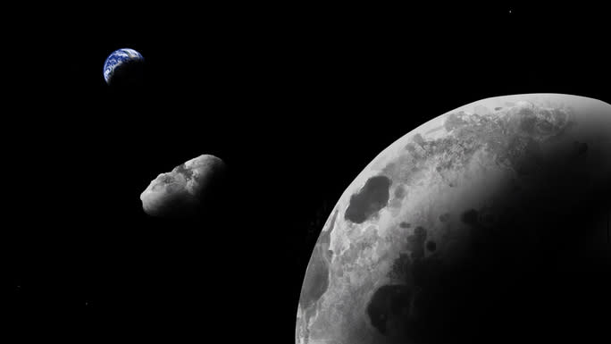 illustration of the moon and a small asteroid in the foreground, with a small, distant Earth in the background
