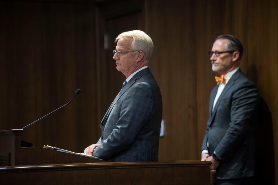 Sen. Jon Lundberg, R-Bristol, presents his bill that may vacate the board of Tennessee State University during a Senate Government Operations Committee meeting in the Cordell Hull State Office Building in Nashville, Tenn., Wednesday, Feb. 7, 2024.