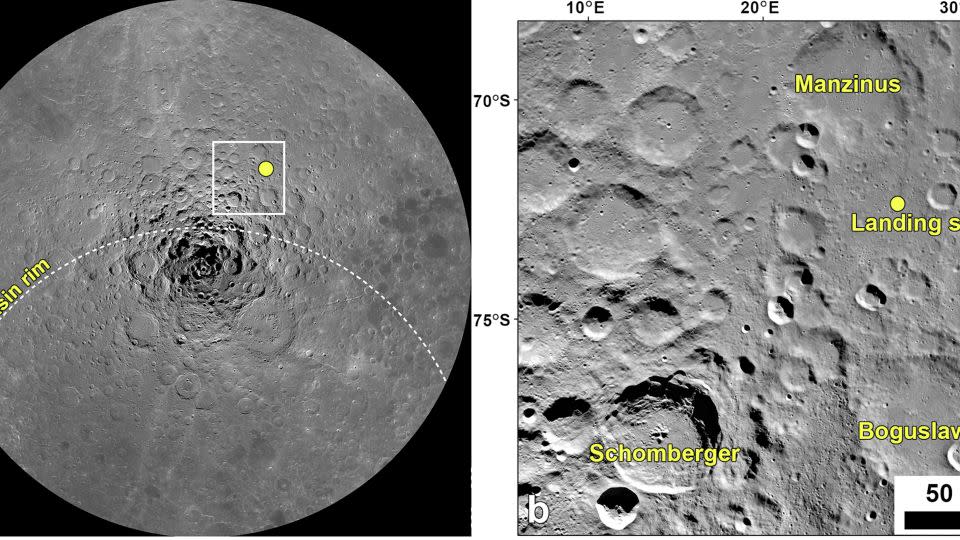 Ein polares Mosaikbild zeigt den Landeplatz von Chandrayaan-3, einschließlich Shiv Shakti Point (links) und eine vergrößerte Ansicht um den Landeplatz, die nahegelegene Krater sichtbar macht (rechts). - APXSPOC, PRL