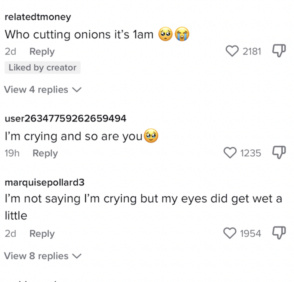 One person commented, "I'm crying and so are you" while another said "I'm not saying I'm crying but my eyes did get wet a little"