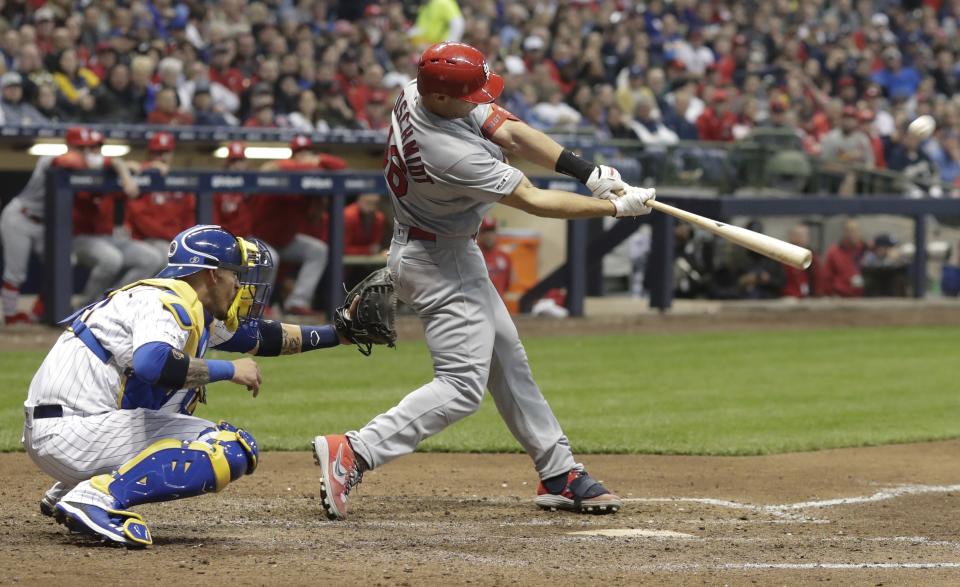 St. Louis Cardinals' Paul Goldschmidt hits a two-run home run during the seventh inning of a baseball game against the Milwaukee Brewers Friday, March 29, 2019, in Milwaukee. (AP Photo/Morry Gash)