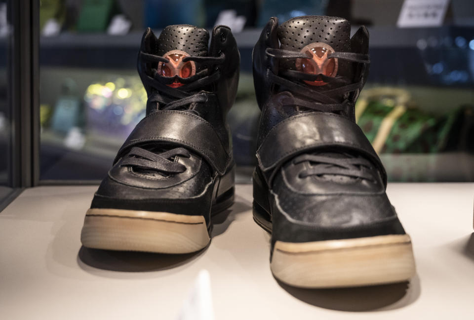 HONG KONG, CHINA - APRIL 16: Kanye West's Nike Air Yeezy 1 sneaker for sale with a price tag of USD$ 2 million is seen at world's largest brokers modern collectibles Sotheby's show in Hong Kong on April 16, 2021. (Photo by Miguel Candela/Anadolu Agency via Getty Images)