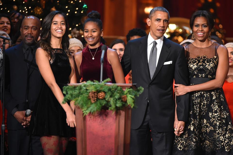 The Obama family at a Christmas event in 2014.