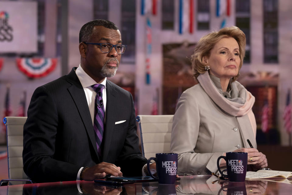 Pictured: (l-r) Eddie Glaude, Jr., James S. McDonnell Distinguished University Professor, Princeton University and Peggy Noonan, Columnist, The Wall Street Journal appear on "Meet the Press" in Studio 6A at Rockefeller Center in New York, NY., Sunday, March 1, 2020 (Peter Kramer/NBC NewsWire/NBCU Photo Bank via Getty Images)