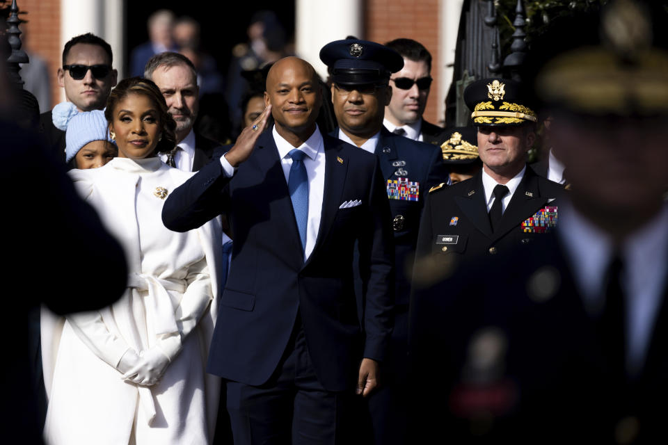 Maryland Gov.-elect Wes Moore leads a march to the State House prior to his inauguration in Annapolis, Md., Wednesday, Jan. 18, 2023. (AP Photo/Julia Nikhinson)