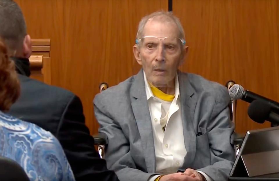 In this still image taken from the Law & Crime Network court video, real estate heir Robert Durst answers questions while taking the stand during his murder trial on Tuesday, Aug. 31, 2021, in Los Angeles County Superior Court in Inglewood, Calif. (Law & Crime Network via AP, Pool)