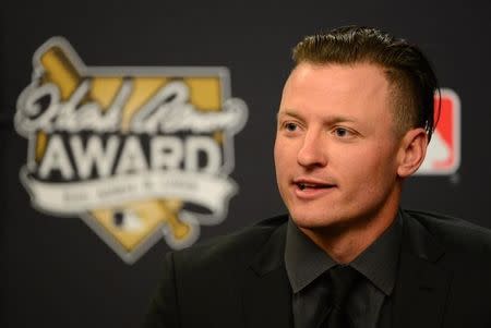 Oct 31, 2015; New York City, NY, USA; Toronto Blue Jays infielder Josh Donaldson in attendance at the Hank Aaron Award press conference before game four of the World Series between the Kansas City Royals and the New York Mets at Citi Field. Mandatory Credit: Jeff Curry-USA TODAY Sports