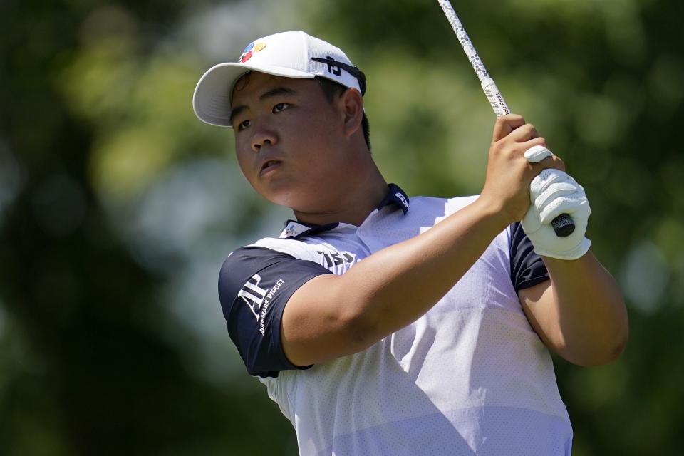 Joohyung Kim, of South Korea, watches his tee shot on the 11th hole during the second round of the 3M Open golf tournament at the Tournament Players Club in Blaine, Minn., Friday, July 22, 2022. (AP Photo/Abbie Parr)