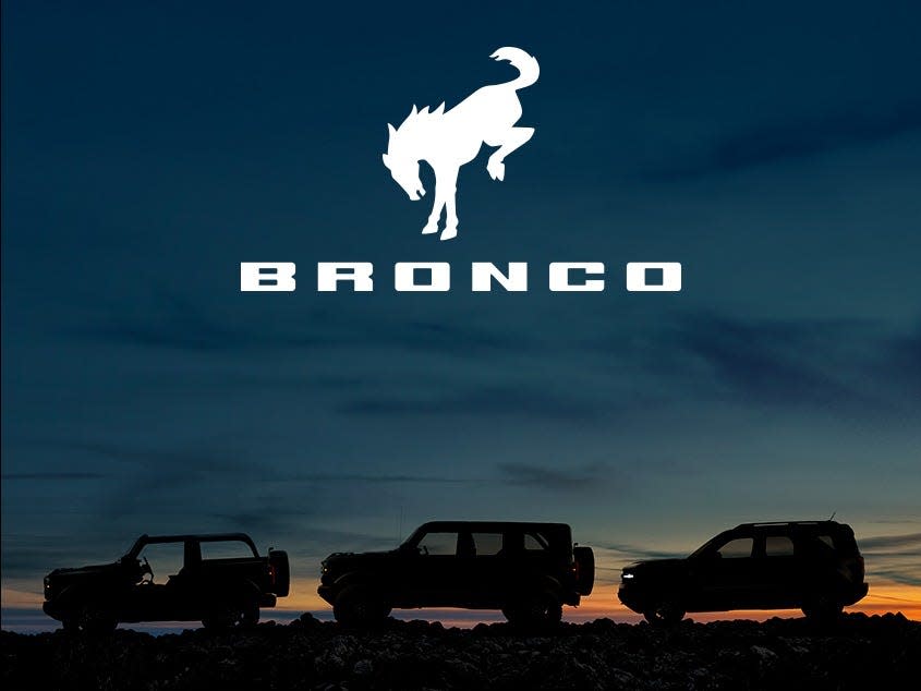 Ford Bronco plans to battle Jeep Wrangler in the off-road category of rugged vehicles. This image provides silhouette images of the  2-door and 4-door Bronco and Bronco Sport.