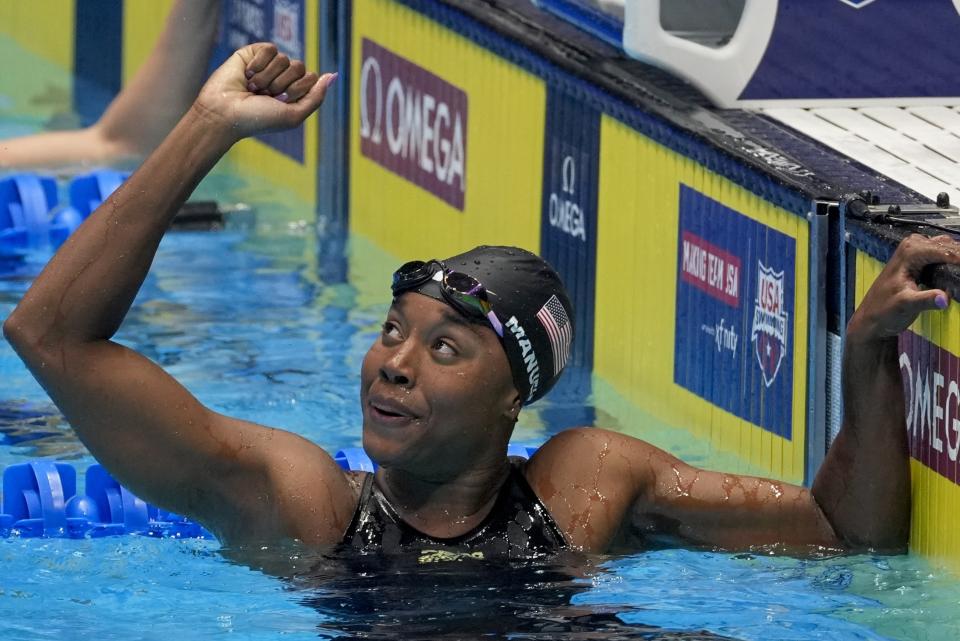 Simone Manuel reacts after the Women's 50 freestyle finals Sunday, June 23, 2024, at the US Swimming Olympic Trials in Indianapolis. (AP Photo/Darron Cummings)