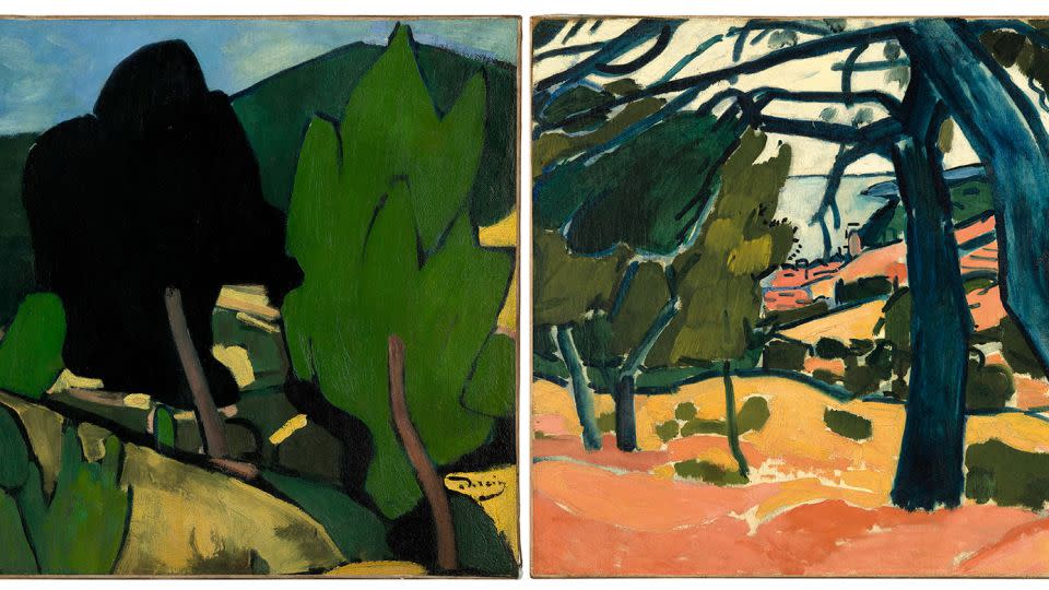 Two of the André Derain paintings owned by René Gimpel, "Paysage a Cassis" (L) and "Pinede, Cassis" (R). - Christie's