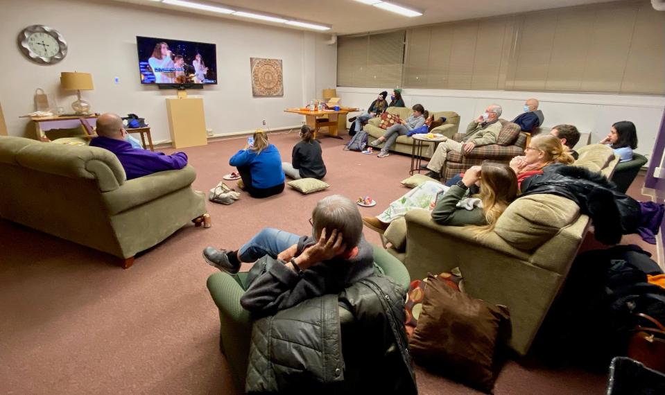 Members of the Goshen College community gather for a watch party to see Girl Named Tom on "The Voice." The South Bend-based sibling singing group includes Goshen College alumni Caleb (2018) and Joshua (2019) Liechty and younger sister Bekah Liechty.