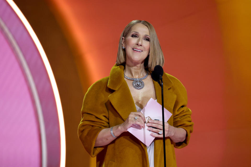 Celine Dion speaks onstage before presenting the Album of the Year award during the 66th GRAMMY Awards at Crypto.com Arena on Feb. 4, 2024, in Los Angeles. / Credit: Kevin Mazur/Getty Images for The Recording Academy