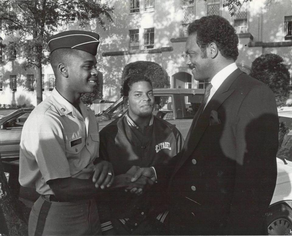 Ken Gordon, left, introduces himself to civil rights leader and Greenville, S.C. native the Rev. Jesse Jackson, right, in the fall of 1986. Jackson and other Black leaders descended on Charleston in support of Kevin Nesmith, a Black cadet who resigned following an Oct. 23, 1986 racial hazing incident. Gordon said Jackson later pulled him aside, gave him his personal phone number and told him, “I can’t stay here, but I’m always going to be here for you.”