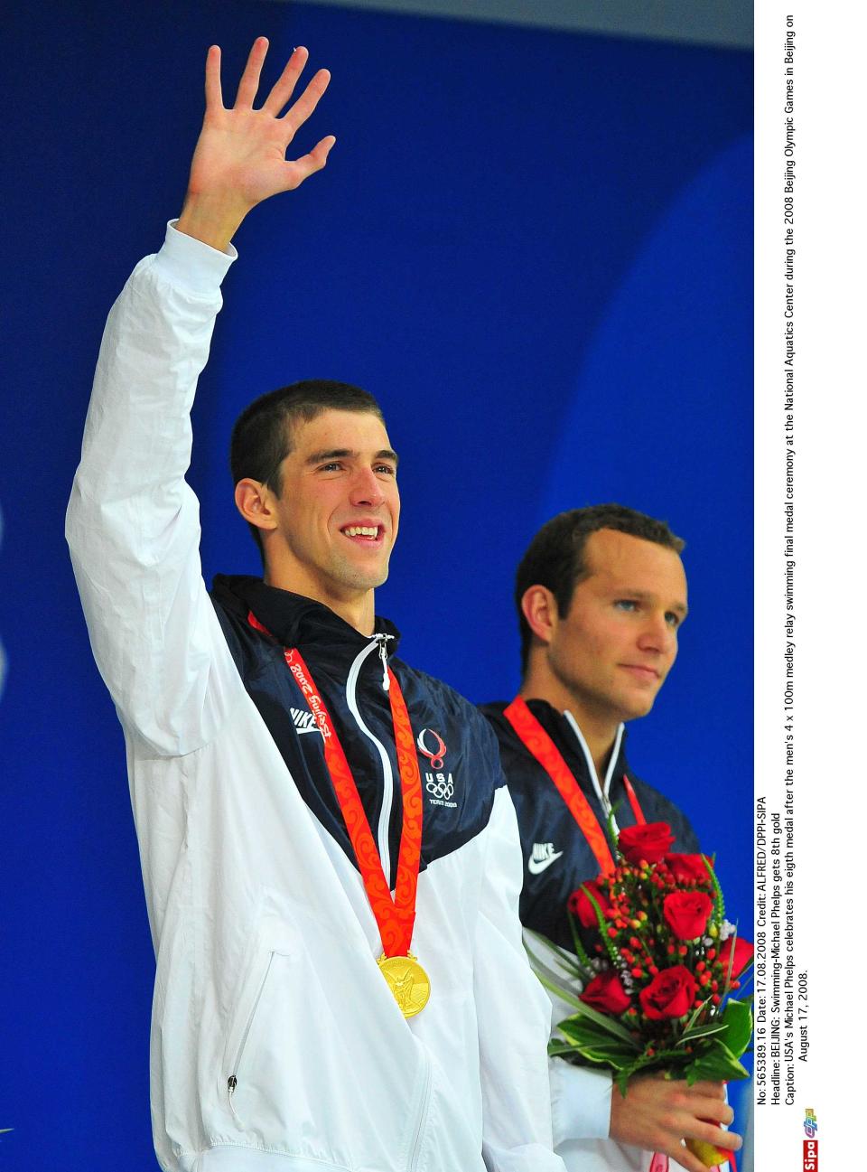 美國的Michael Phelps 在北京奧運男子4x200公尺混合式接力得到個人第八面金牌。(圖片來源：達志影像)