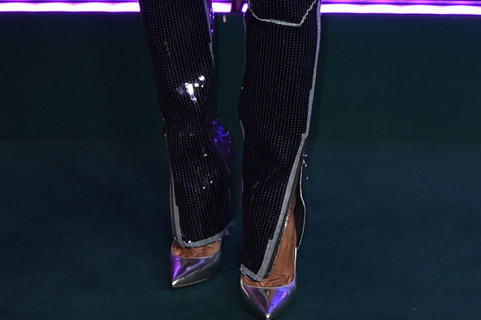 Detail of Halle Berry’s holographic pointed-toe shoes at the People’s Choice Awards Tuesday, Dec. 7, 2021, at the Barker Hangar in Santa Monica, Calif. - Credit: Jordan Strauss/Invision/AP