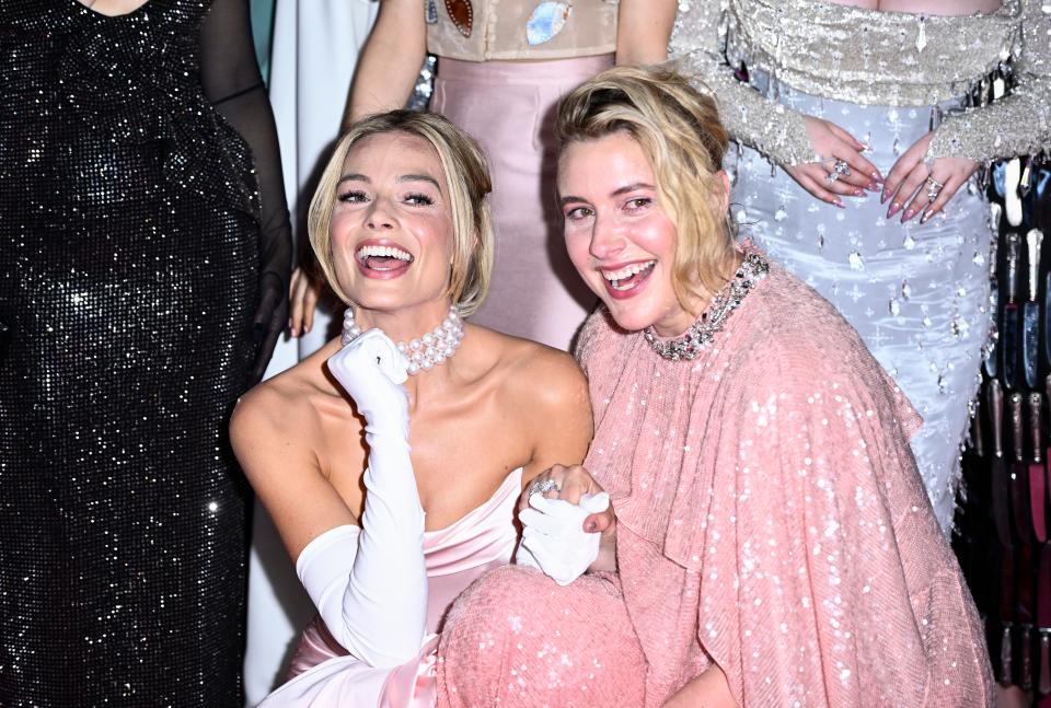 Margot Robbie, left, and Greta Gerwig at the u0022Barbieu0022 premiere in London earlier this month.