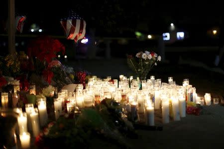 Candles and flowers are seen at a pop-up memorial in San Bernardino, California December 4, 2015, following Wednesday's attack. REUTERS/Mario Anzuoni