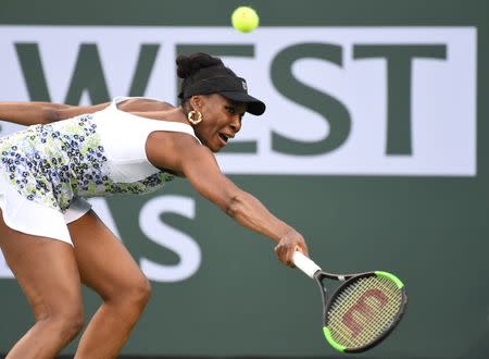 Mar 15, 2018; Indian Wells, CA, USA; Venus Williams (USA) in her quarterfinal match against Carla Suarez Navarro (not pictured) in the BNP Paribas Open at the Indian Wells Tennis Garden. Mandatory Credit: Jayne Kamin-Oncea-USA TODAY Sports