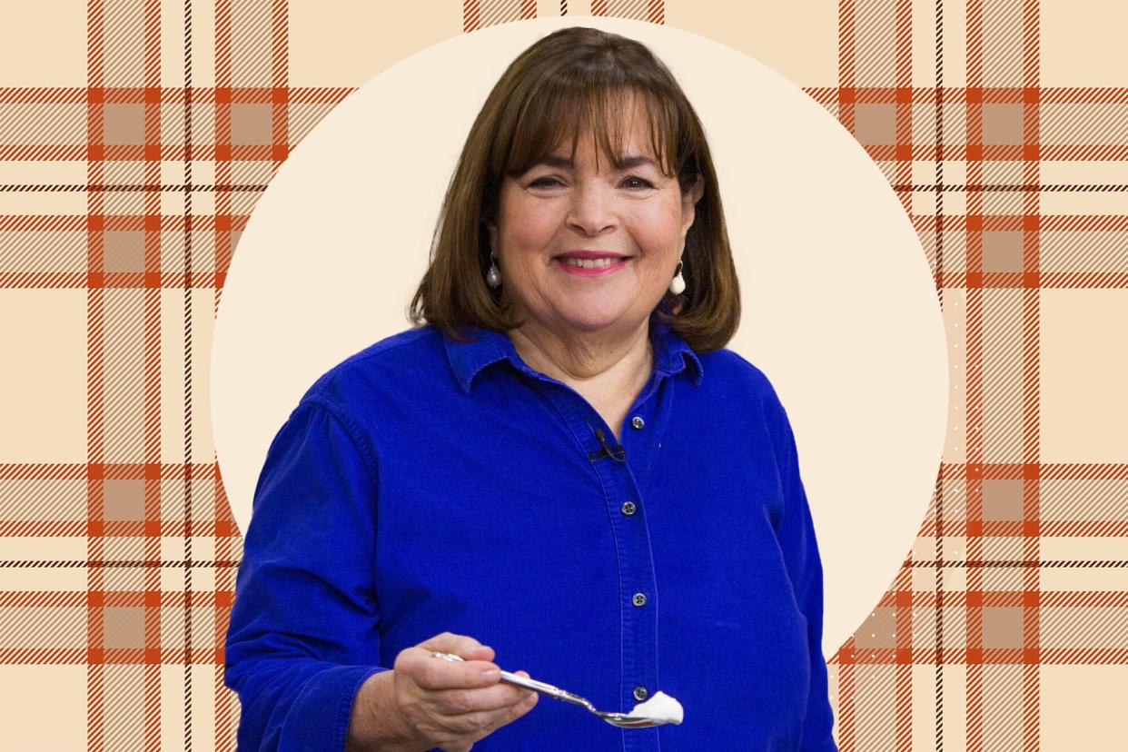 a collage of Ina Garten holding a spoon and a plaid background