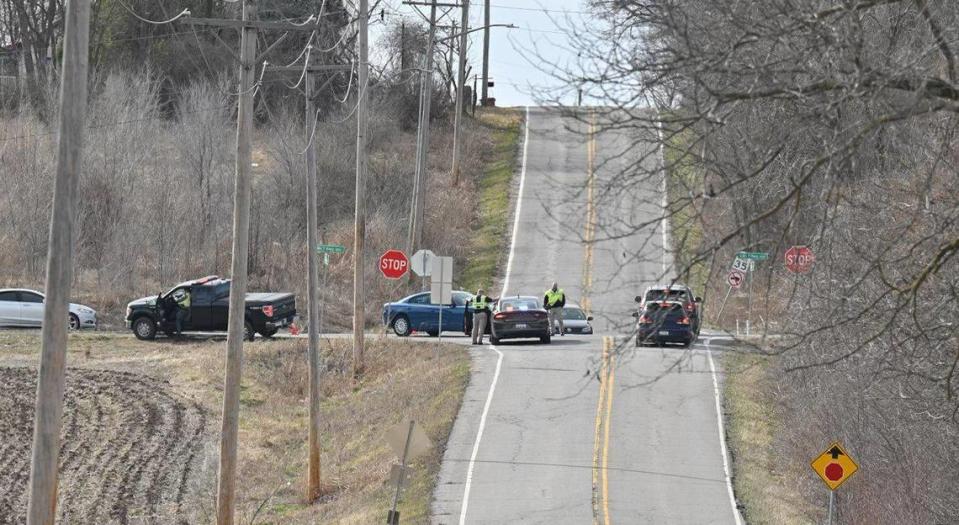 Law enforcement officers were staged along Missouri 7 Highway and Bundschu Road in Independence Thursday, Feb. 29, 2024, after multiple police officers were reported shot in the area.