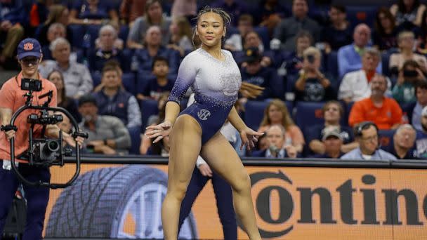 PHOTO: Sunisa Lee of Auburn competes on the floor during a meet against Georgia at Neville Arena, Feb. 24, 2023, in Auburn, Ala. (Stew Milne/Getty Images)