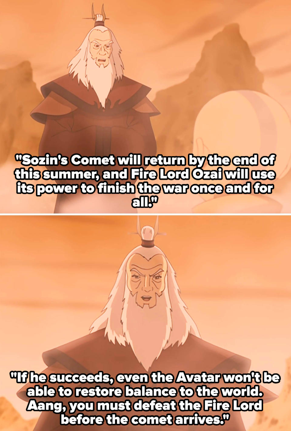 Animated characters Aang and Roku discussing Sozin's comet coming back at the end of the summer