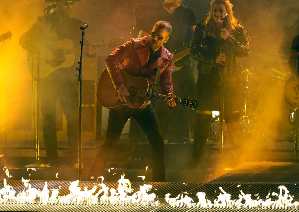 Eric Church performs at the 55th annual CMA Awards on Wednesday, Nov. 10, 2021, at the Bridgestone Arena in Nashville, Tenn. (AP Photo/Mark Humphrey)