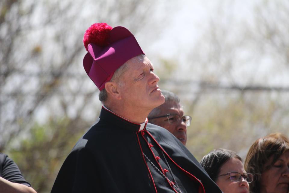 Bishop Robert M. Coerver watches as Our Lady of Grace Catholic Church in Lubbock observes Stations of the Cross and re-enacts the crucifixion of Jesus on Good Friday.