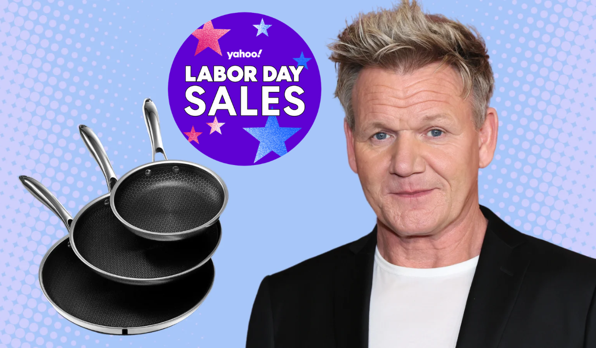 HexClad pans next to a photo of Gordon Ramsay with a purple circle that reads Yahoo Labor Day Sales.