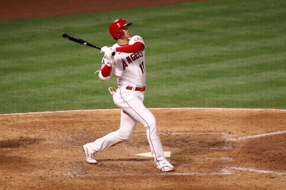 ANAHEIM, CALIFORNIA - JUNE 09: Shohei Ohtani #17 of the Los Angeles Angels at bat during the seventh inning against the Kansas City Royals at Angel Stadium of Anaheim on June 09, 2021 in Anaheim, California. (Photo by Katelyn Mulcahy/Getty Images)