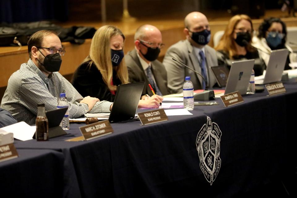 Board President Ronald Conti and other members of the Randolph Board of Education listen to members of the public speak out against keeping school open on the second day of Rosh Hashana. Tuesday, February 15, 2022