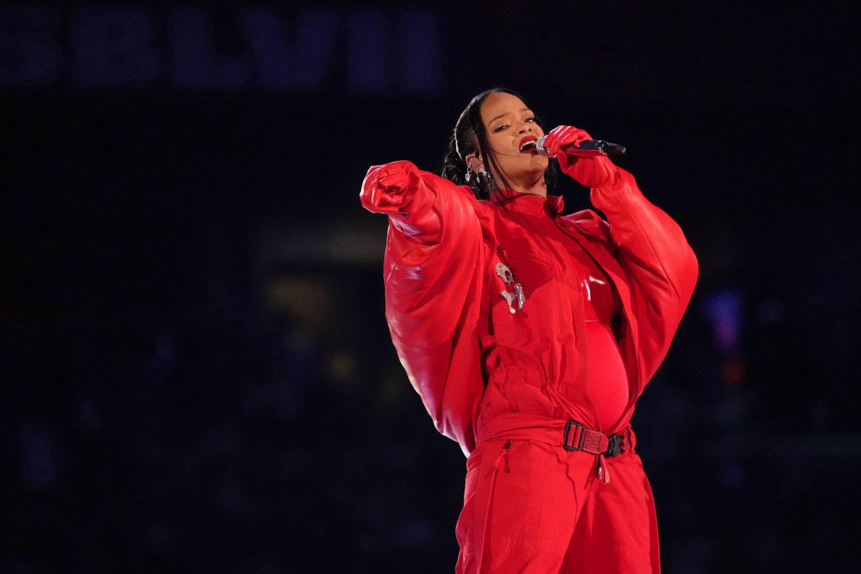 Rihanna performs during the Super Bowl on Feb. 12, 2023.