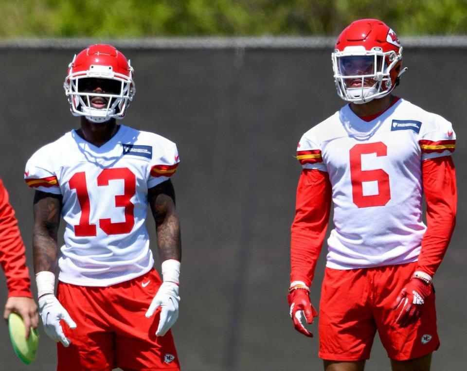 Safeties Nazeeh Johnson (No. 13) and Bryan Cook (6) participated on the first day of the Kansas City Chiefs rookie minicamp at the training facility on May 7, 2022.