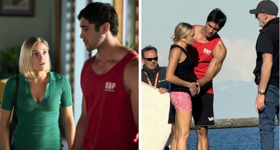 L: Harper and Tane looking concerned on Home and Away R: Tane touching Harper's pregnant belly on Home and Away