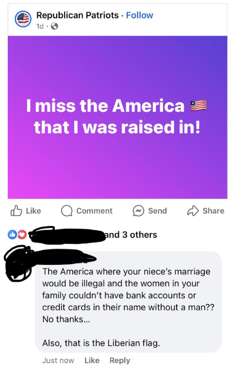 A Facebook post features the phrase "I miss the America ?? that I was raised in!" A comment below criticizes the post, stating it is nostalgic for regressive times