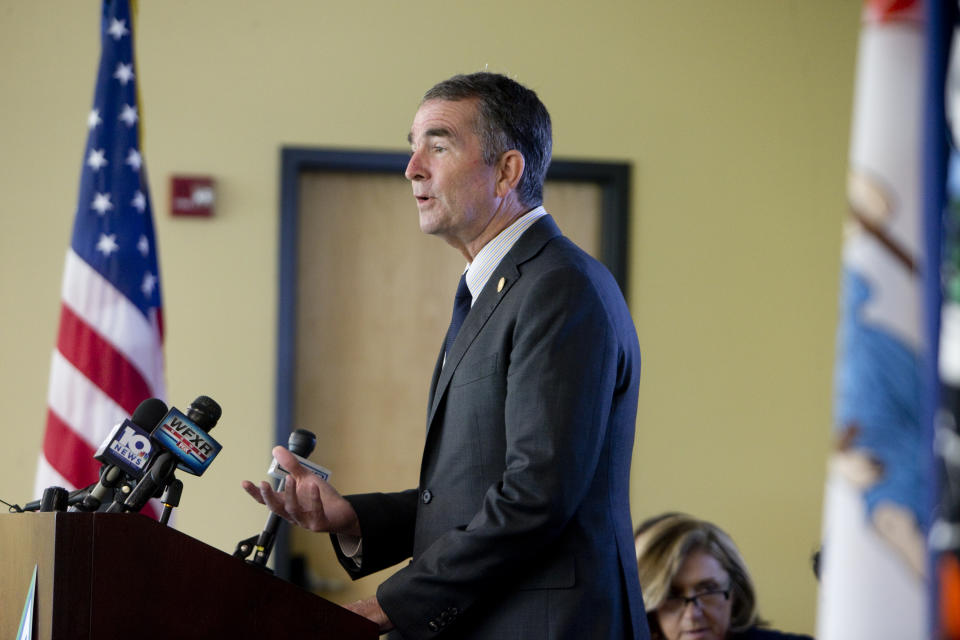 Gov. Ralph Northam speaks at a news conference in Roanoke, Va., Monday, Aug. 26 ,2019, to announce an expansion to the Roanoke Valley of the Virginia's Framework Addiction Analysis and Community Transformation (FAACT), data sharing platform that will aid in the opioid crisis fight. (Stephanie Klein-Davis/The Roanoke Times via AP)