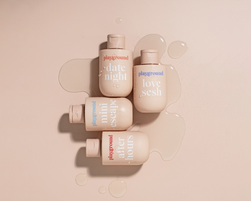 Playground’s four water-based lubricants are housed in light pink bottles. “This is something you can aesthetically feel good about putting on your nightstand,” Aguilera said. “It almost looks like a makeup product.”