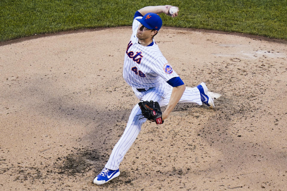 New York Mets' Jacob deGrom delivers a pitch during the third inning of the team's baseball game against the Chicago Cubs Wednesday, June 16, 2021, in New York. (AP Photo/Frank Franklin II)