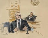 This artist sketch depicts the trial of Oath Keepers leader Stewart Rhodes, left, as he testifies before U.S. District Judge Amit Mehta on charges of seditious conspiracy in the Jan. 6, 2021, Capitol attack, in Washington, Monday, Nov. 7, 2022. Rhodes is on trial with four others for what prosecutors have alleged was a plan to stage an armed rebellion to stop the transfer of presidential power. (Dana Verkouteren via AP)